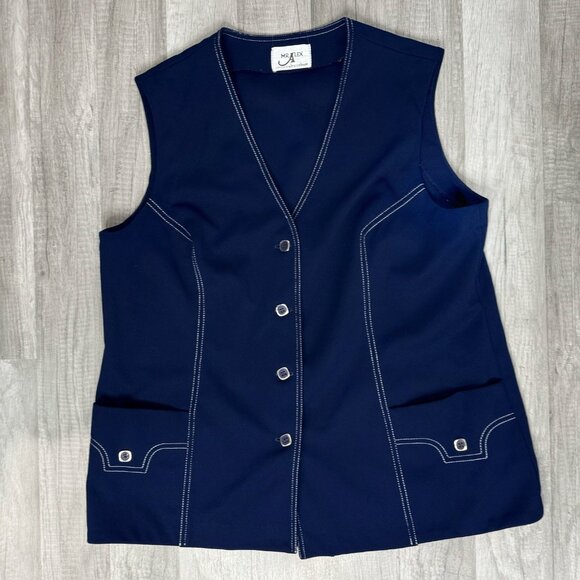 Vintage 70s Mens Button V-Neck Vest Navy White Contrast Stitching Mod Groovy - Picture 1 of 8